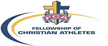 A logo featuring a cross and the text 'FCA' with the full name 'Fellowship of Christian Athletes' below it, surrounded by a curved design in blue and yellow.