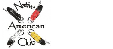 A logo featuring the words 'Native American Club' surrounded by four stylized feathers in black, red, yellow, and white.