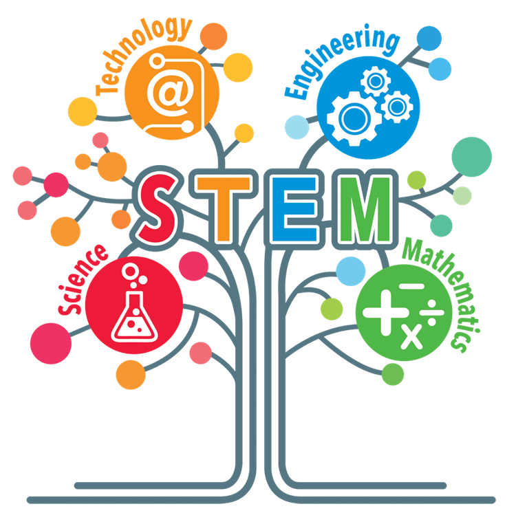 A colorful graphic depicting a tree with branches labeled 'Science', 'Technology', 'Engineering', and 'Mathematics', with corresponding icons representing each field, centered around the acronym 'STEM'.