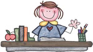 A cartoon-style illustration of a smiling girl with brown hair, wearing a blue shirt with a heart, sitting at a desk with books, an apple, and a pencil holder, waving with one hand.