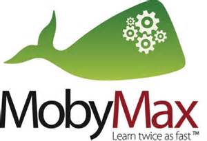 A stylized green whale logo with gears, accompanied by the text 'MobyMax' in black and red, and the slogan 'Learn twice as fast' in smaller text below.
