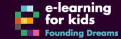 A logo featuring the text 'e-learning for kids' with colorful blocks and the tagline 'Founding Dreams' below it, set against a dark background.