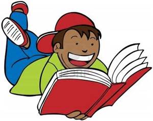 A cartoon boy with a big smile is lying on his stomach, reading a large red book, wearing a green shirt and a red cap.