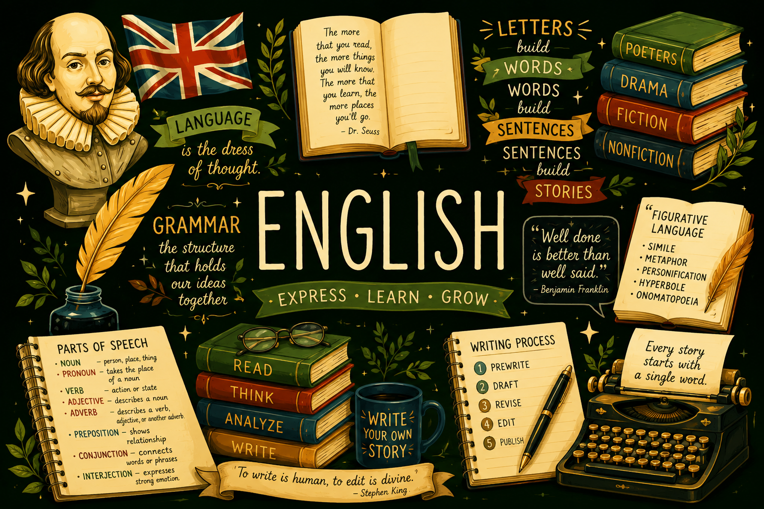 Illustrated English language arts poster on a dark chalkboard background featuring the word “ENGLISH” surrounded by books, writing tools, literary quotes, grammar concepts, Shakespeare, figurative language examples, parts of speech, the writing process, and reading and storytelling themes.