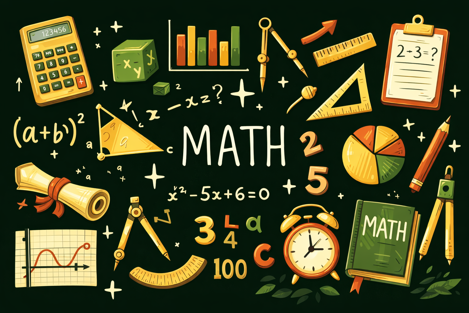 Illustrated mathematics poster on a dark chalkboard background featuring the word “MATH” surrounded by numbers, equations, graphs, geometric tools, calculators, charts, and measurement instruments.