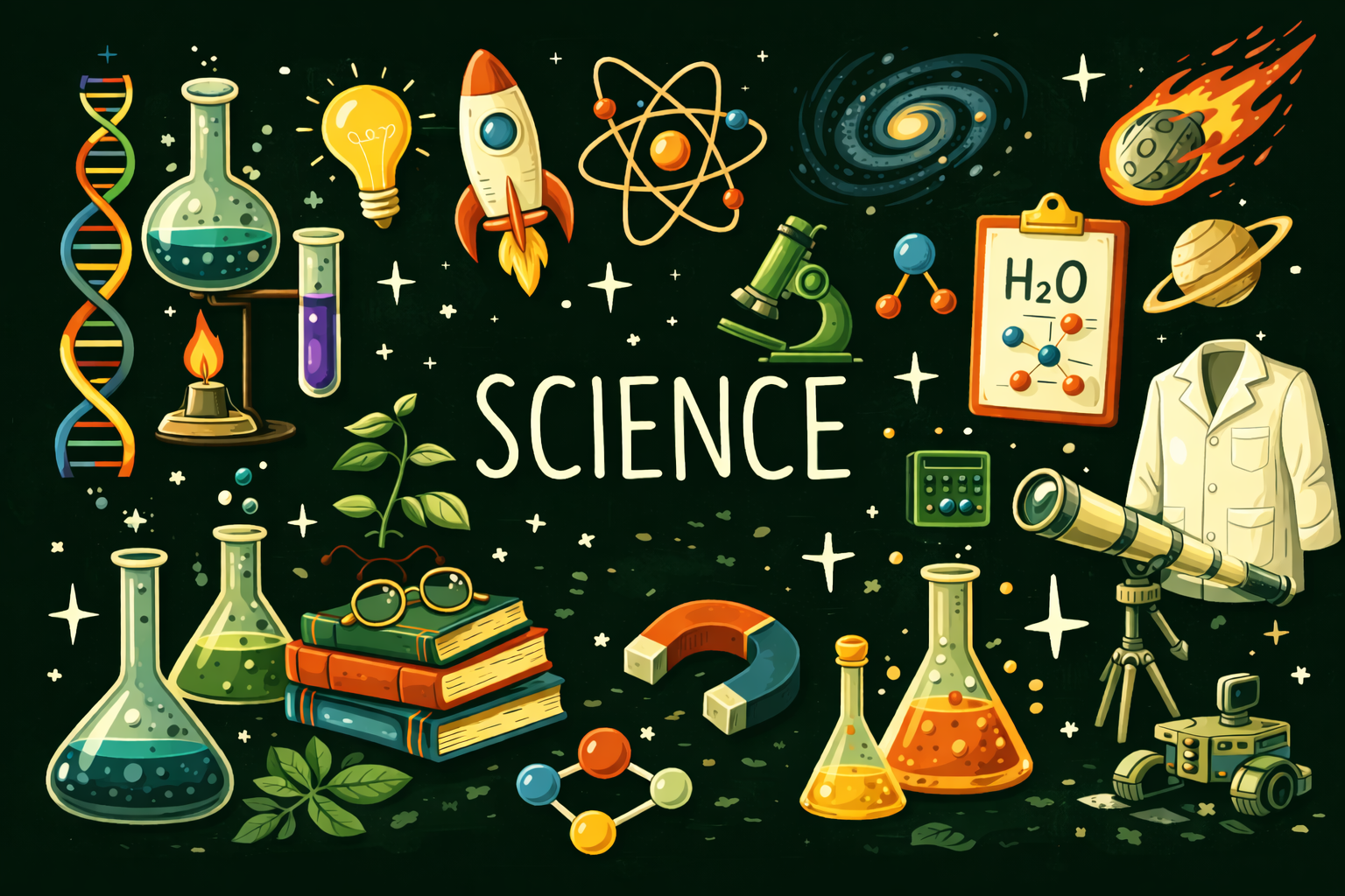Illustrated science poster on a dark chalkboard background featuring the word “SCIENCE” surrounded by laboratory equipment, DNA, atoms, planets, rockets, microscopes, telescopes, and chemistry concepts.