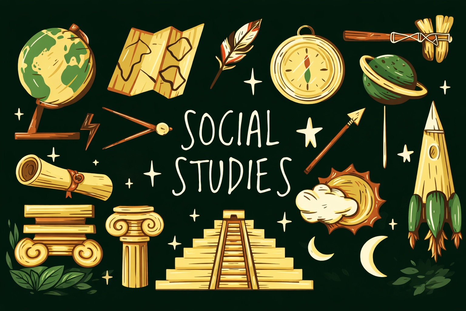 Illustrated social studies poster on a dark chalkboard background featuring the words “SOCIAL STUDIES” surrounded by historical, geographic, cultural, and archaeological symbols.