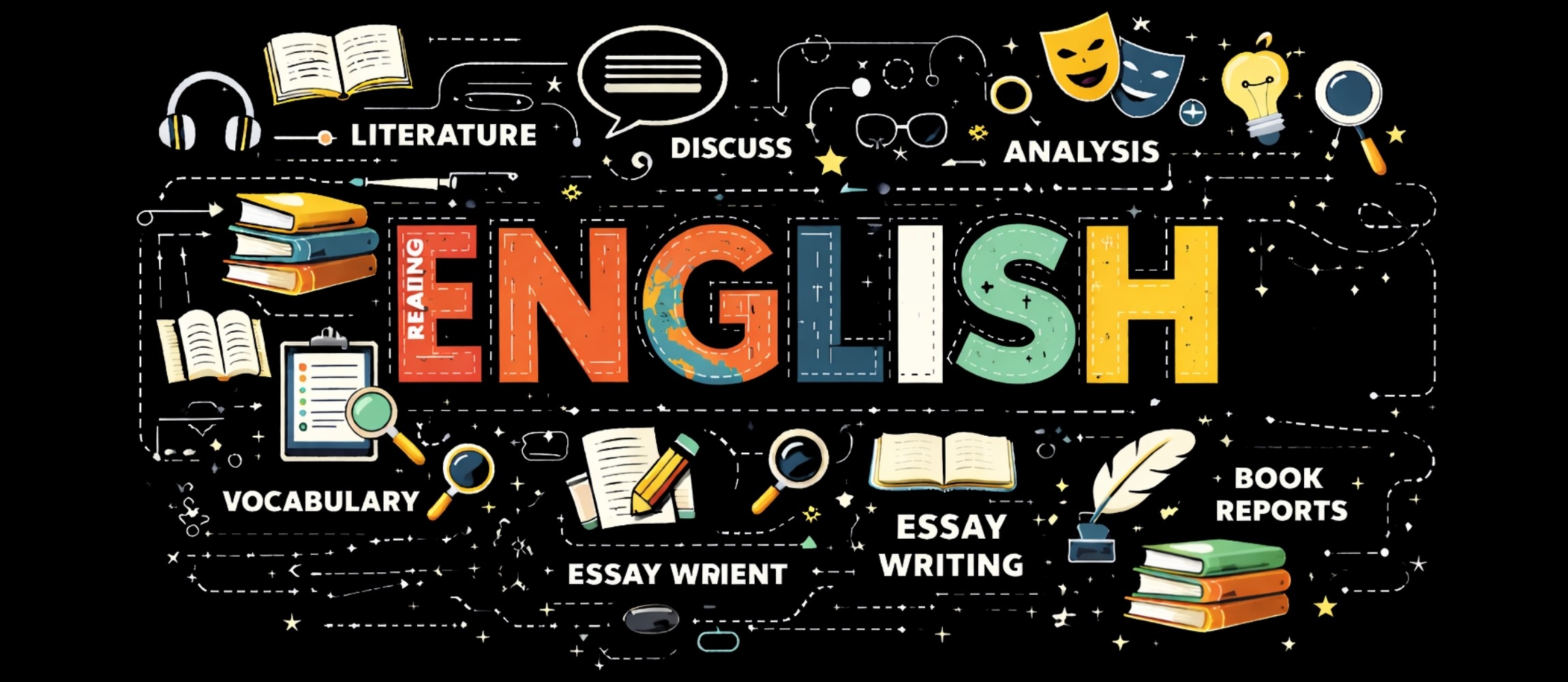 Illustrated English language arts poster featuring the word “ENGLISH” surrounded by books, reading, writing, vocabulary, literature, discussion, analysis, and book report activities.