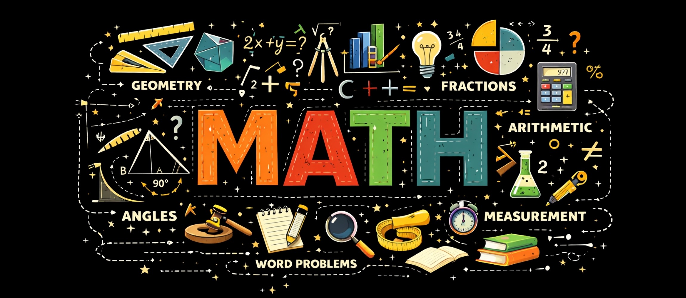 Illustrated mathematics poster featuring the word “MATH” surrounded by geometry, fractions, arithmetic, measurement tools, equations, calculators, and problem-solving concepts.