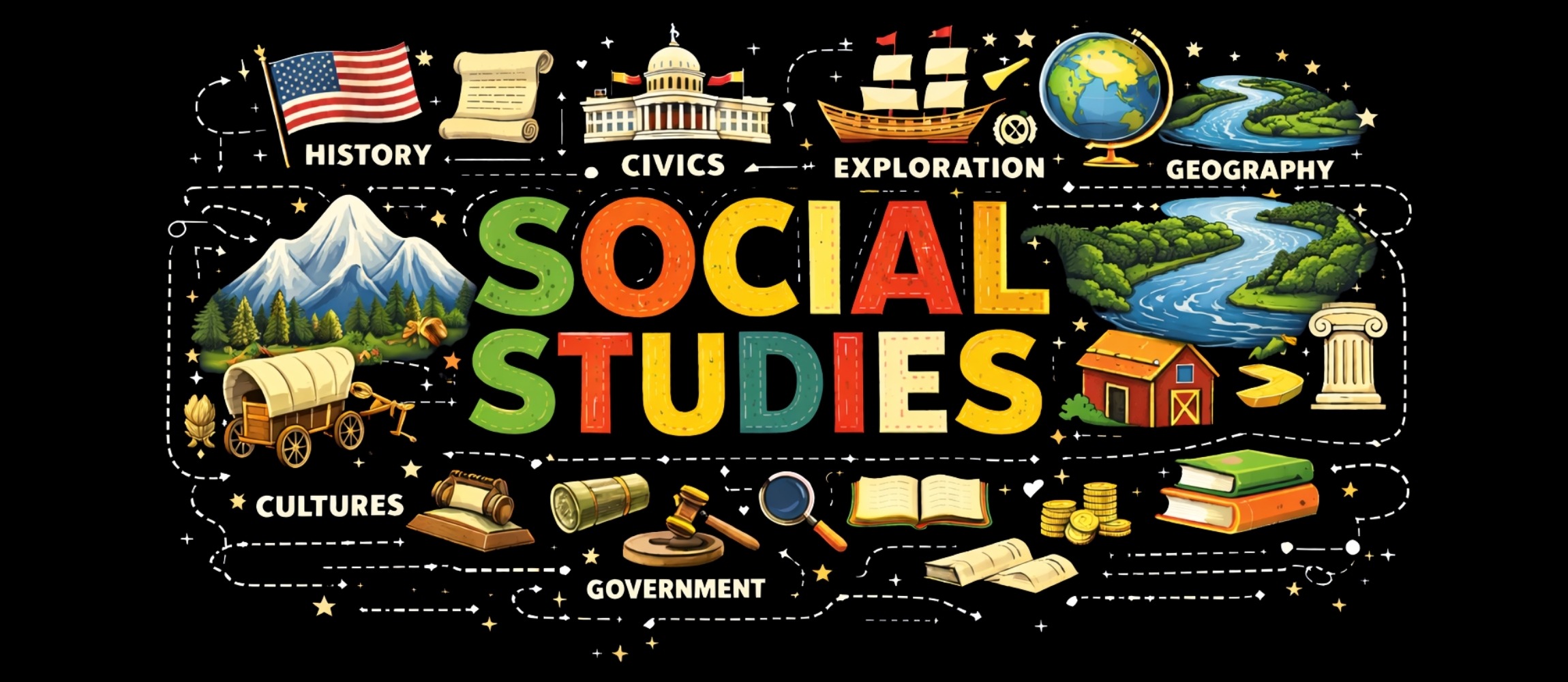 Illustrated social studies poster featuring the words “SOCIAL STUDIES” surrounded by themes of history, civics, geography, exploration, culture, and government.