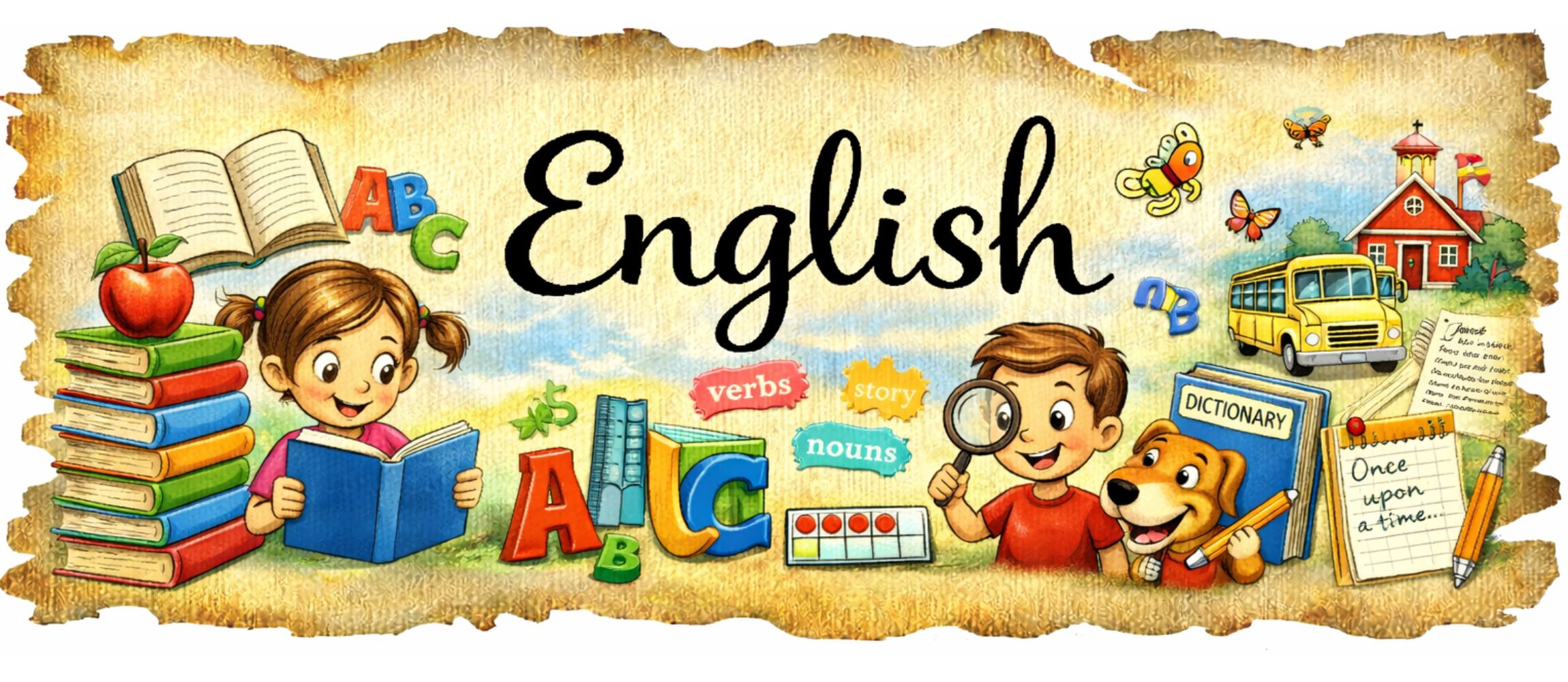 Illustrated elementary English poster featuring children reading and writing, books, alphabet letters, grammar concepts, storytelling, and vocabulary development.