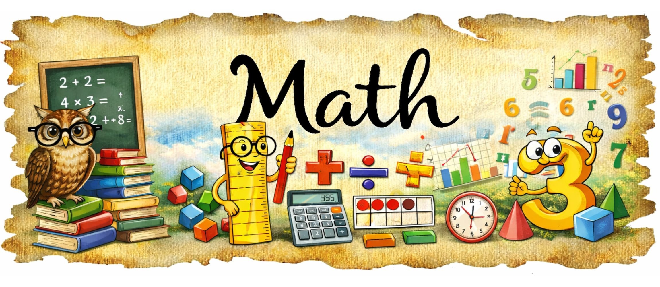 Illustrated elementary mathematics poster featuring the word “Math” surrounded by numbers, arithmetic symbols, geometric shapes, graphs, measurement tools, and counting activities.