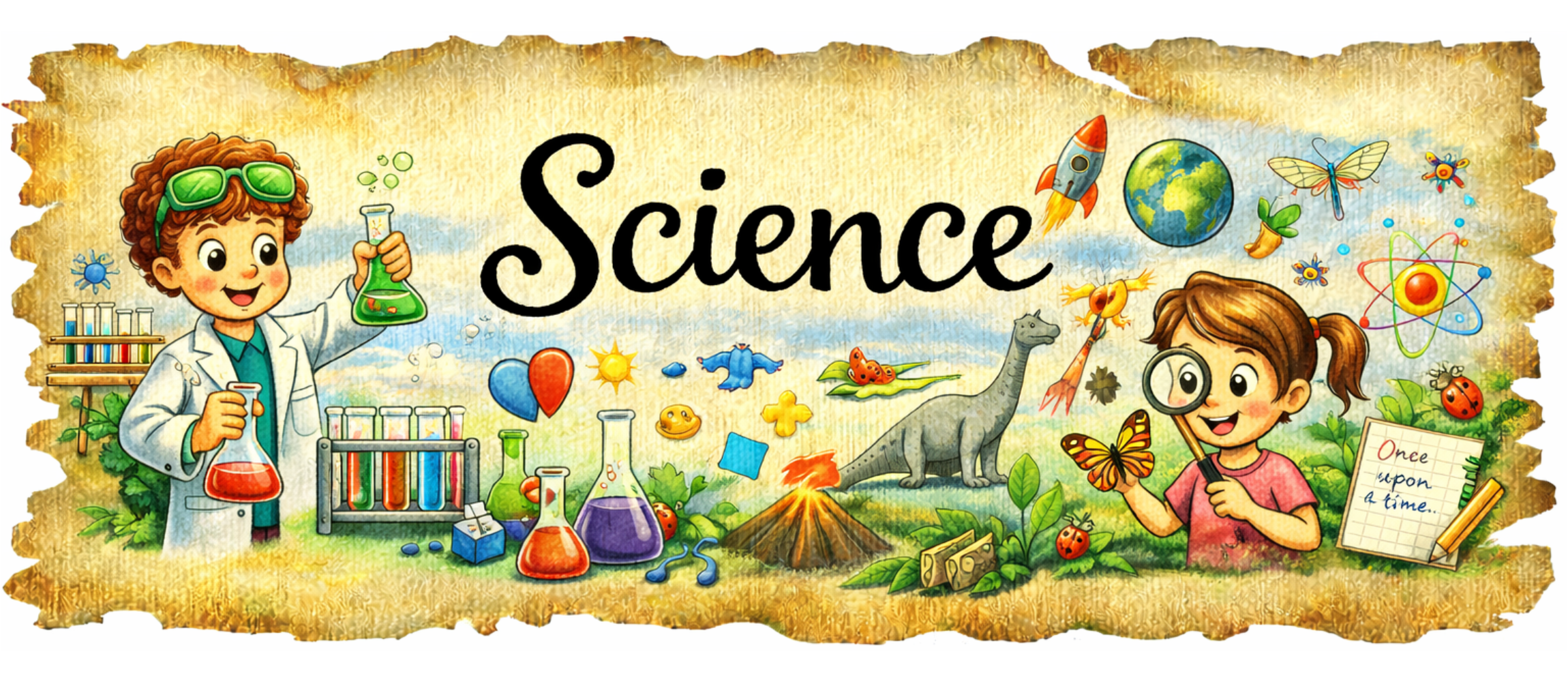 Illustrated elementary science poster featuring children conducting experiments and exploring nature, surrounded by laboratory equipment, animals, plants, Earth, space, and scientific concepts.