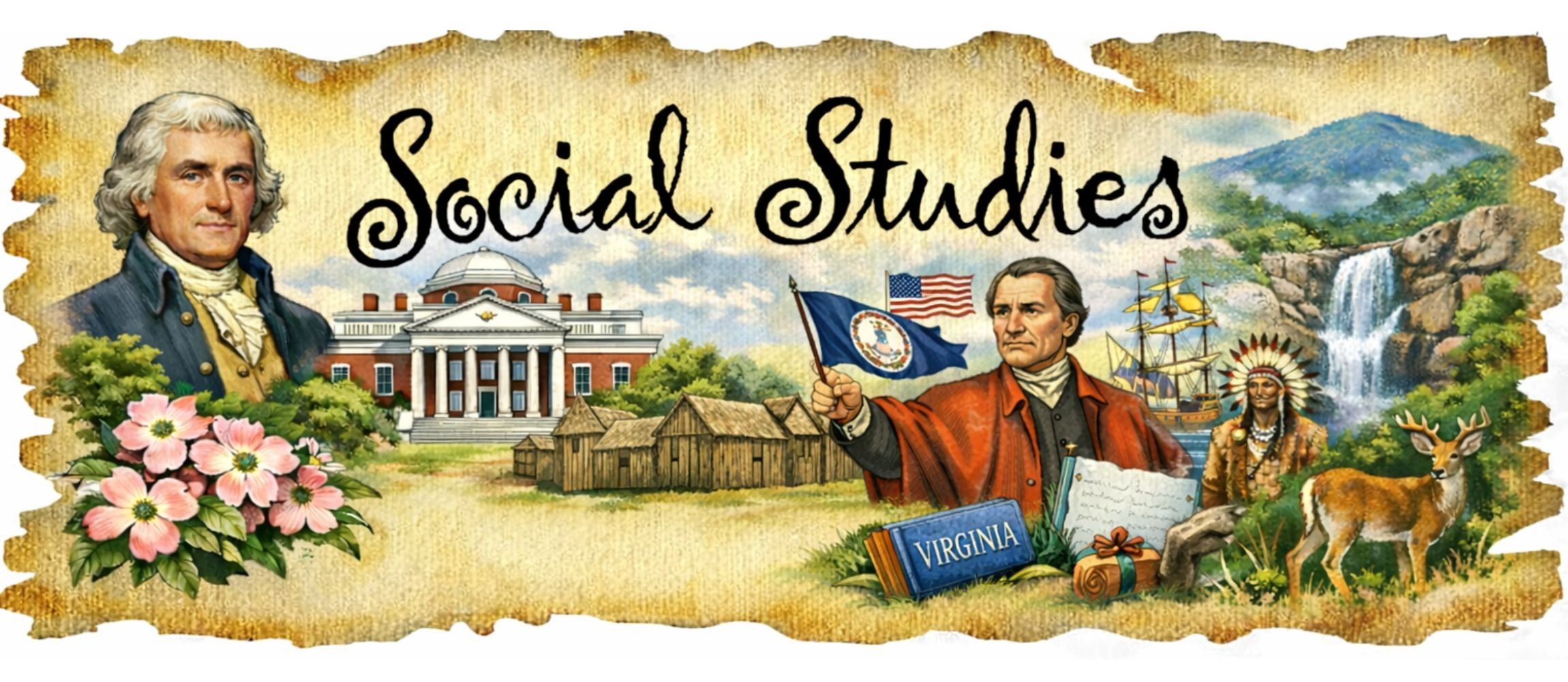 Illustrated elementary social studies poster featuring Virginia history, geography, government, and culture, with historical figures, landmarks, natural landscapes, and state symbols.