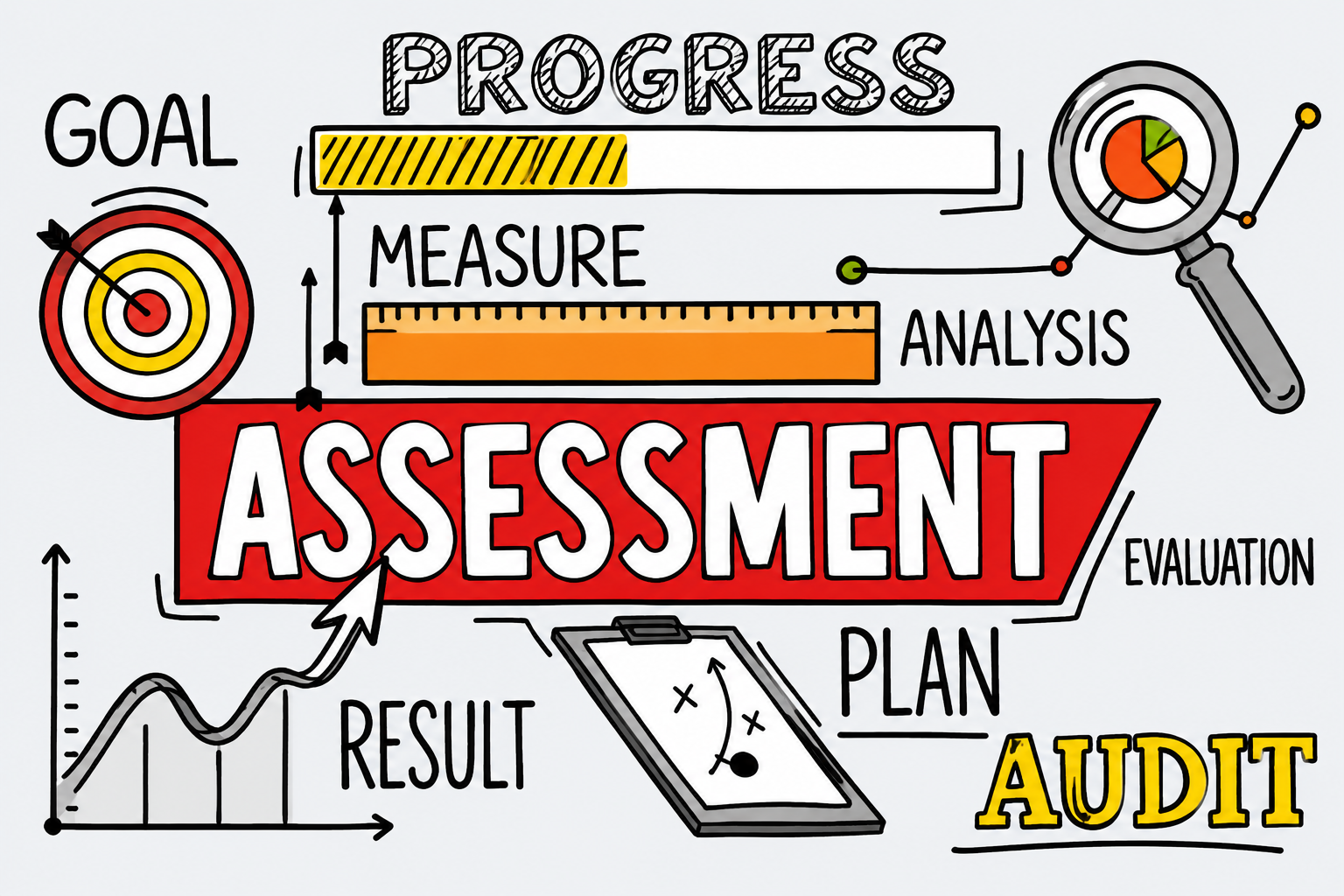 Assessments & ResourcesAssessment-themed educational infographic featuring the word “ASSESSMENT” surrounded by concepts including goals, progress monitoring, measurement, analysis, evaluation, planning, results, and auditing.