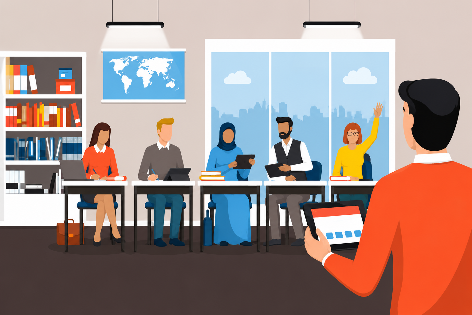 Illustration of a professional development or training session with a presenter using a tablet while leading a diverse group of adult learners seated in a modern classroom.