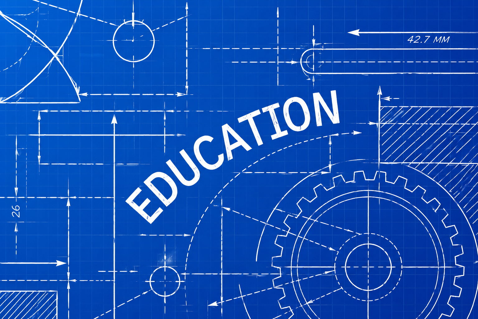 Blueprint-style educational graphic featuring the word “EDUCATION” surrounded by engineering drawings, gears, measurements, and technical design elements on a blue background.
