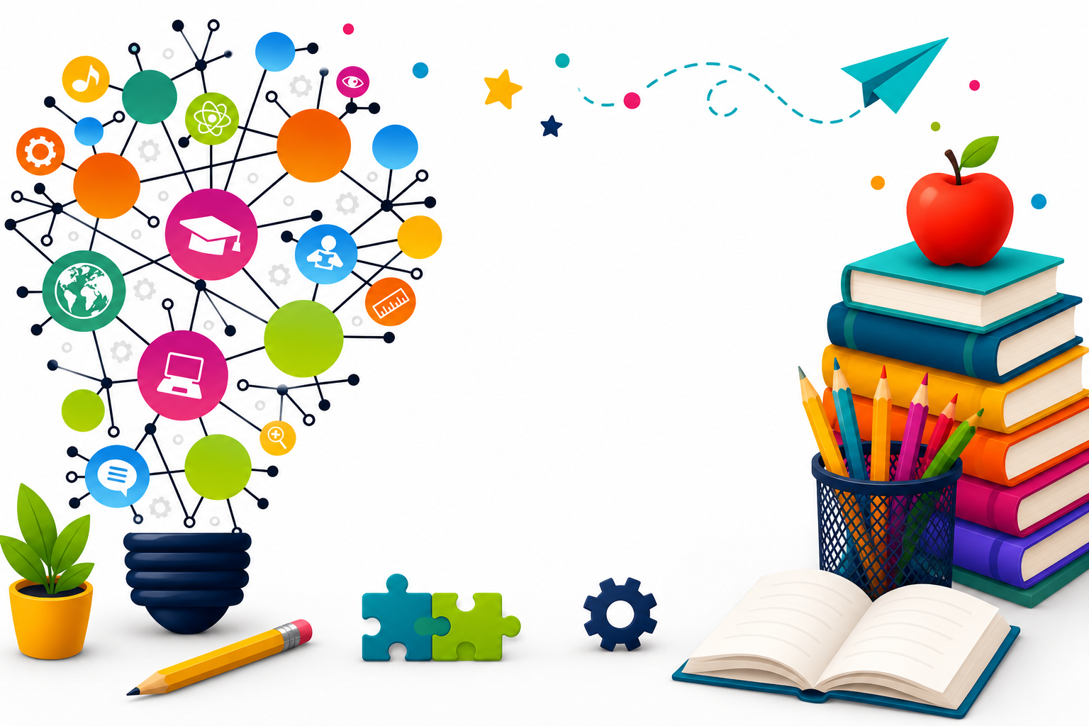 Colorful education-themed illustration with a lightbulb made of interconnected learning icons on the left and books, pencils, an apple, puzzle pieces, gears, and an open notebook on the right. The image represents creativity, gifted learning, communication, problem-solving, and educational growth.