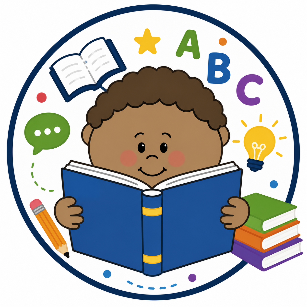 Cartoon literacy icon featuring a smiling child reading a blue book, surrounded by alphabet letters, books, a pencil, a speech bubble, and a lightbulb.