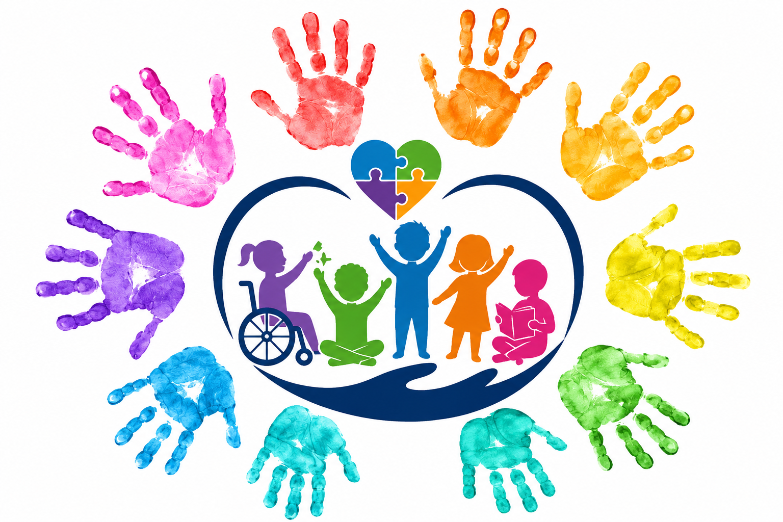 Special education-themed illustration featuring diverse children surrounded by colorful handprints, symbolizing inclusion, support, accessibility, and educational success for all learners.