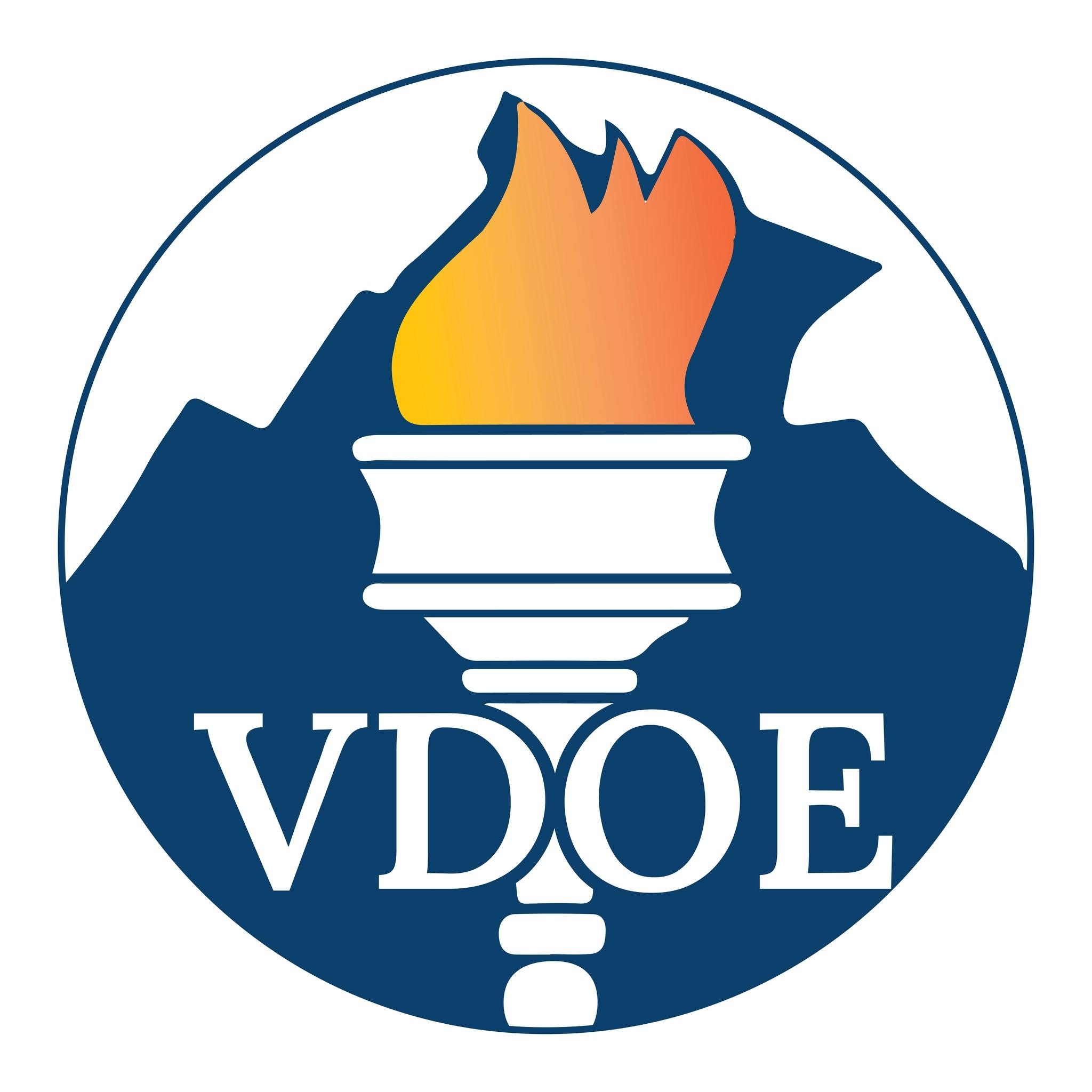 Virginia Department of Education logo featuring a torch with a flame in front of a mountain silhouette and the letters “VDOE.”