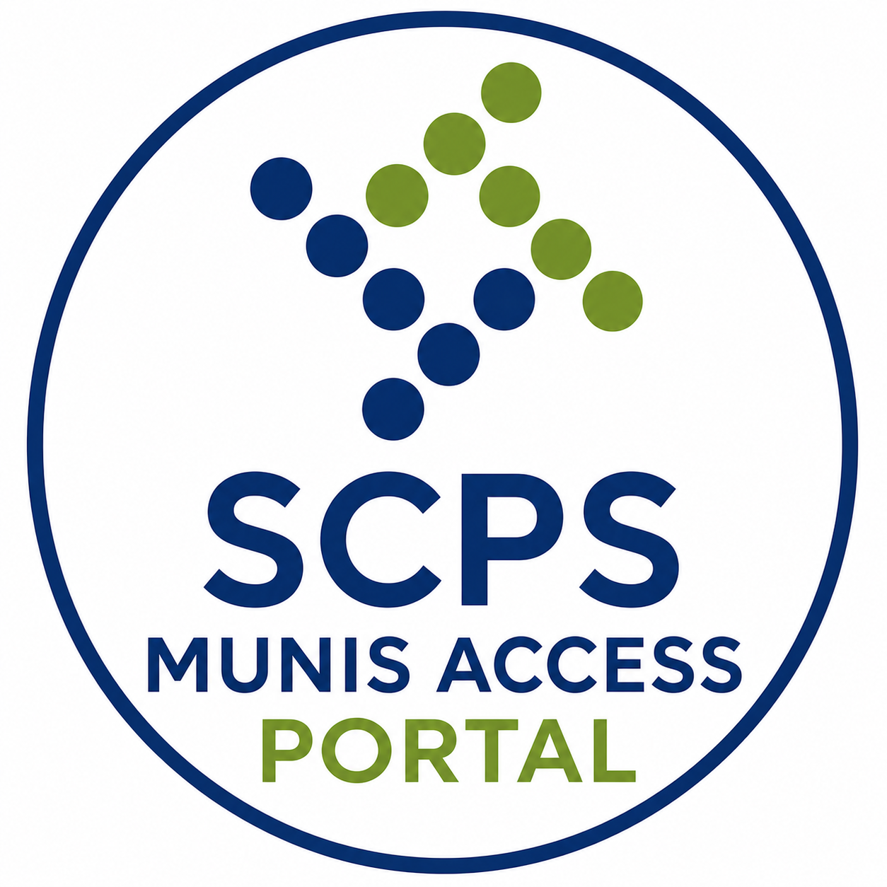 SCPS Munis Access Portal logo featuring a circular emblem with blue and green dot patterns above the text “SCPS Munis Access Portal.”