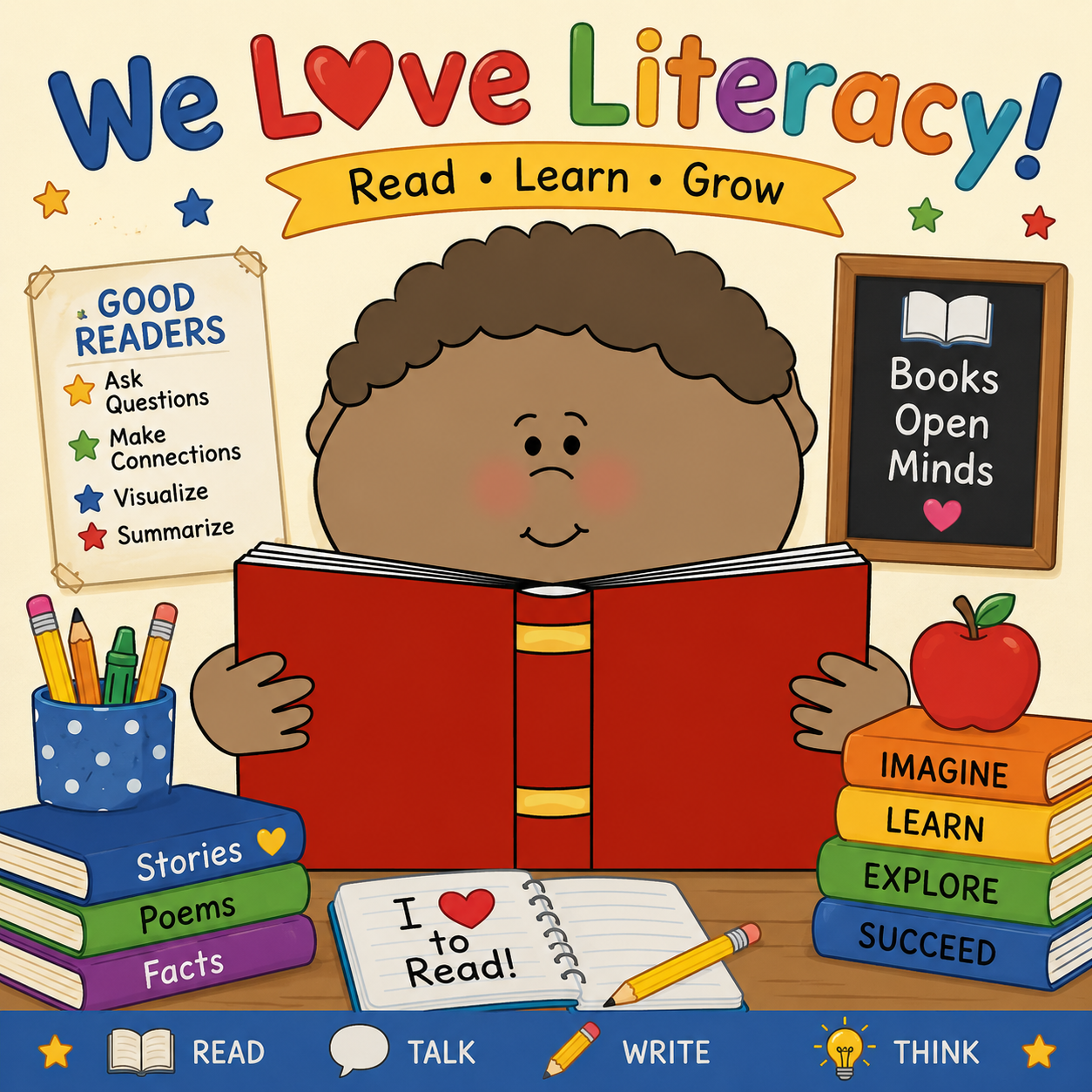 Smiling child reading a large red book in a colorful elementary classroom surrounded by books, pencils, reading posters, and the phrase “We Love Literacy!”