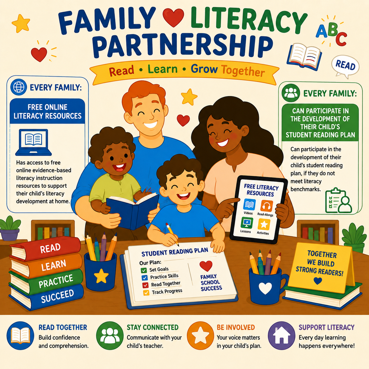 Illustrated family literacy graphic showing two parents and two children reading and learning together. The family is surrounded by books, literacy resources, and a student reading plan. Text highlights that every family has access to free online evidence-based literacy resources and can participate in developing their child’s reading plan if literacy benchmarks are not met. The colorful design promotes family engagement, reading success, and literacy support at home and school.