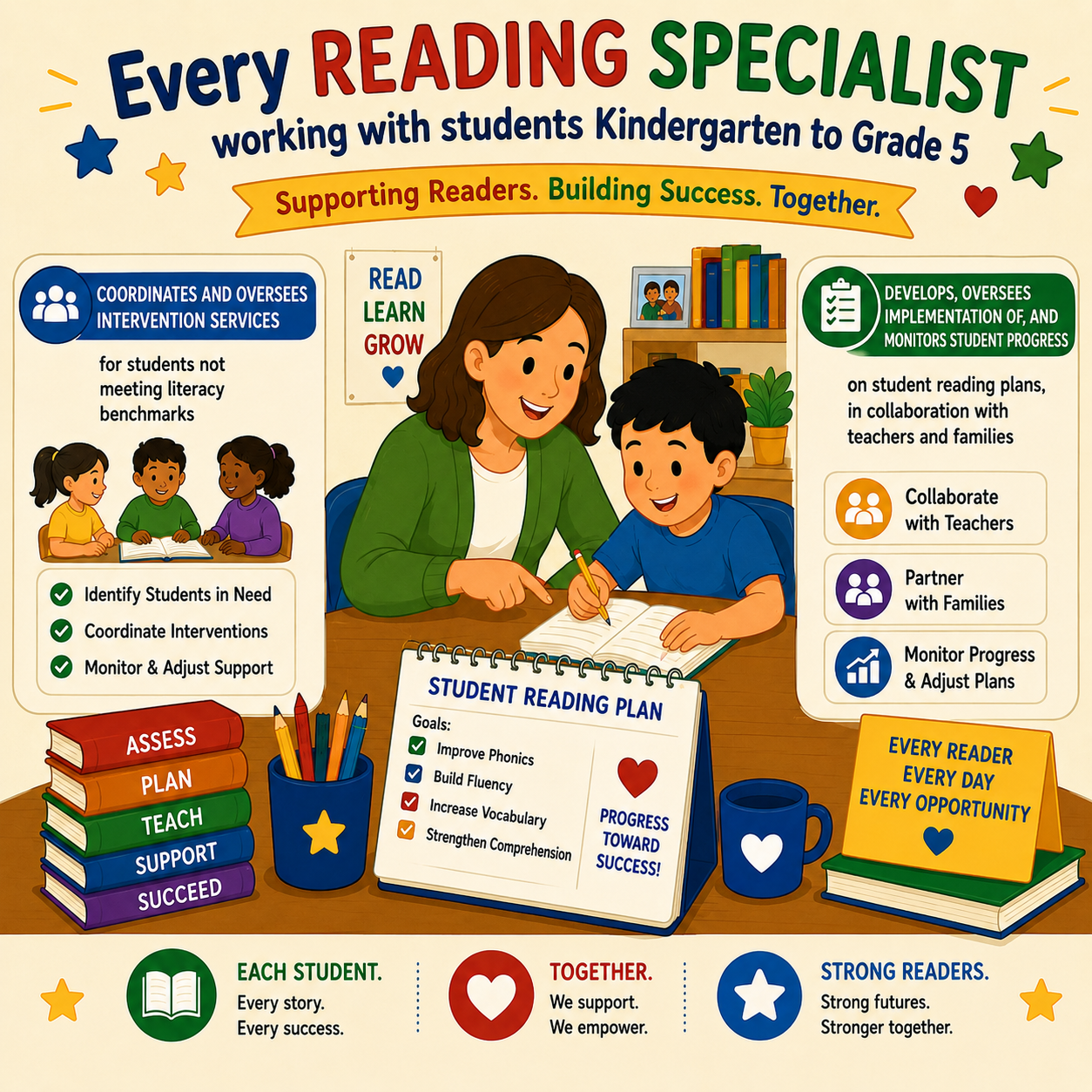 Colorful educational infographic featuring a reading specialist working one-on-one with an elementary student on literacy skills. The graphic highlights the reading specialist’s role in coordinating intervention services for students who do not meet literacy benchmarks and developing, implementing, and monitoring student reading plans in collaboration with teachers and families. Books, reading plan documents, literacy materials, and collaboration icons reinforce the focus on targeted support, student progress monitoring, and reading success for kindergarten through grade 5 students.