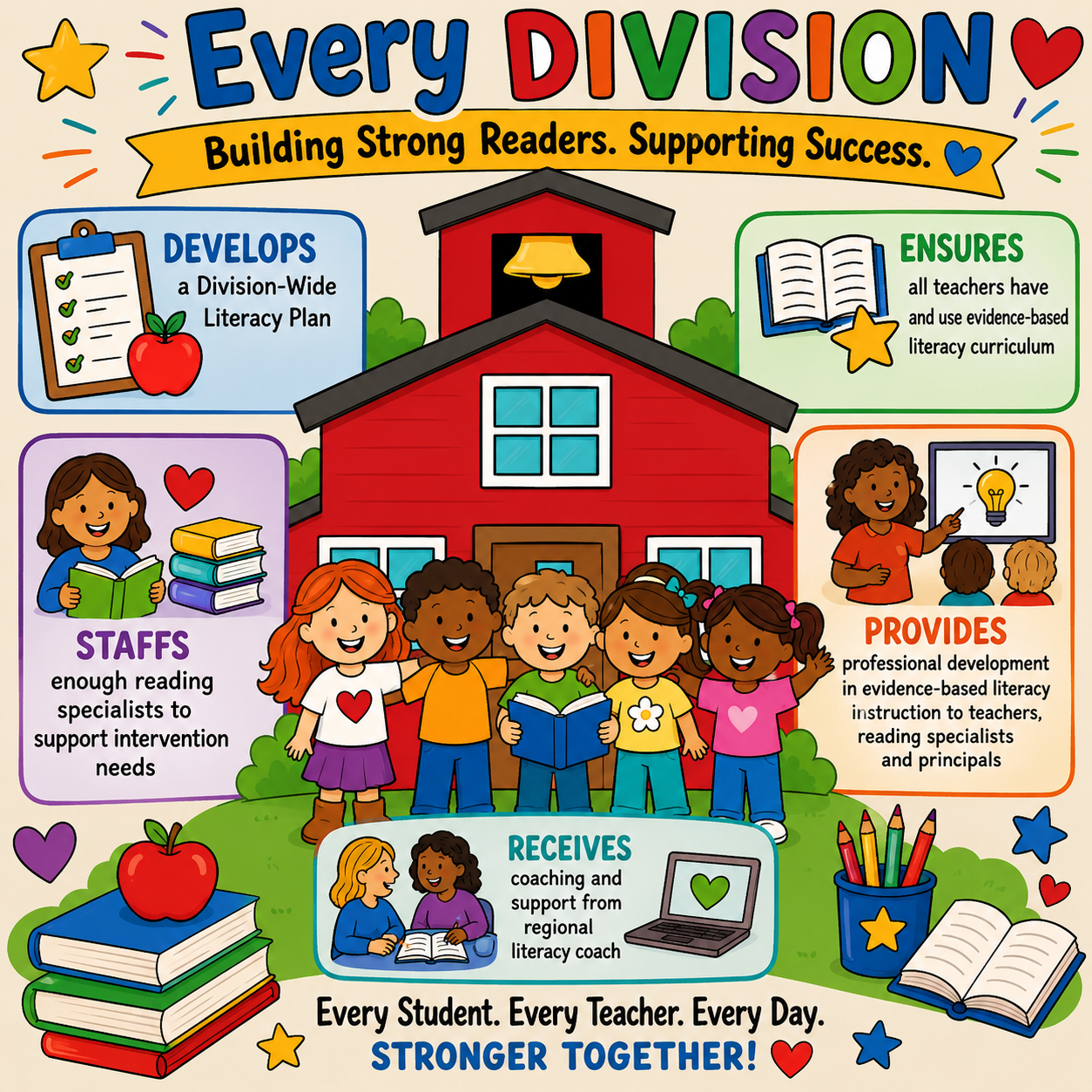 Colorful educational infographic centered around a red school building and school division literacy leadership. The graphic highlights a division-wide approach to literacy by developing a literacy plan, ensuring teachers use evidence-based literacy curriculum, staffing reading specialists to support student intervention needs, providing professional development for teachers, reading specialists, and principals, and receiving coaching from a regional literacy coach. Diverse educators are shown collaborating with literacy plans, curriculum materials, and professional learning resources. The design emphasizes teamwork, literacy leadership, and coordinated support to improve reading outcomes for all students.