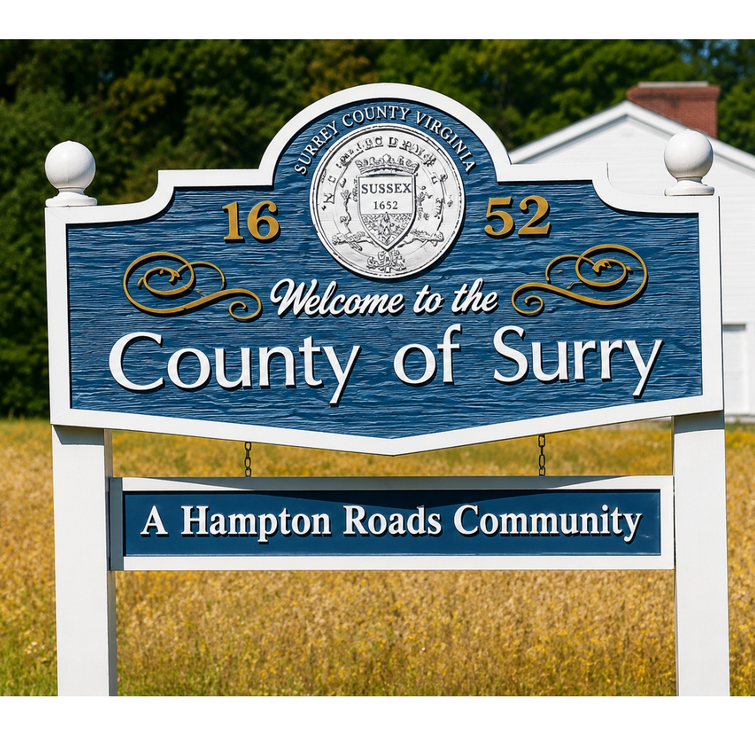 Welcome sign for the County of Surry, Virginia, displayed at the edge of a rural field. The blue and white sign features the county seal, the year 1652, the message "Welcome to the County of Surry," and a lower panel reading "A Hampton Roads Community." A white farmhouse and red outbuilding are visible in the background, with trees and open farmland under a clear sky.