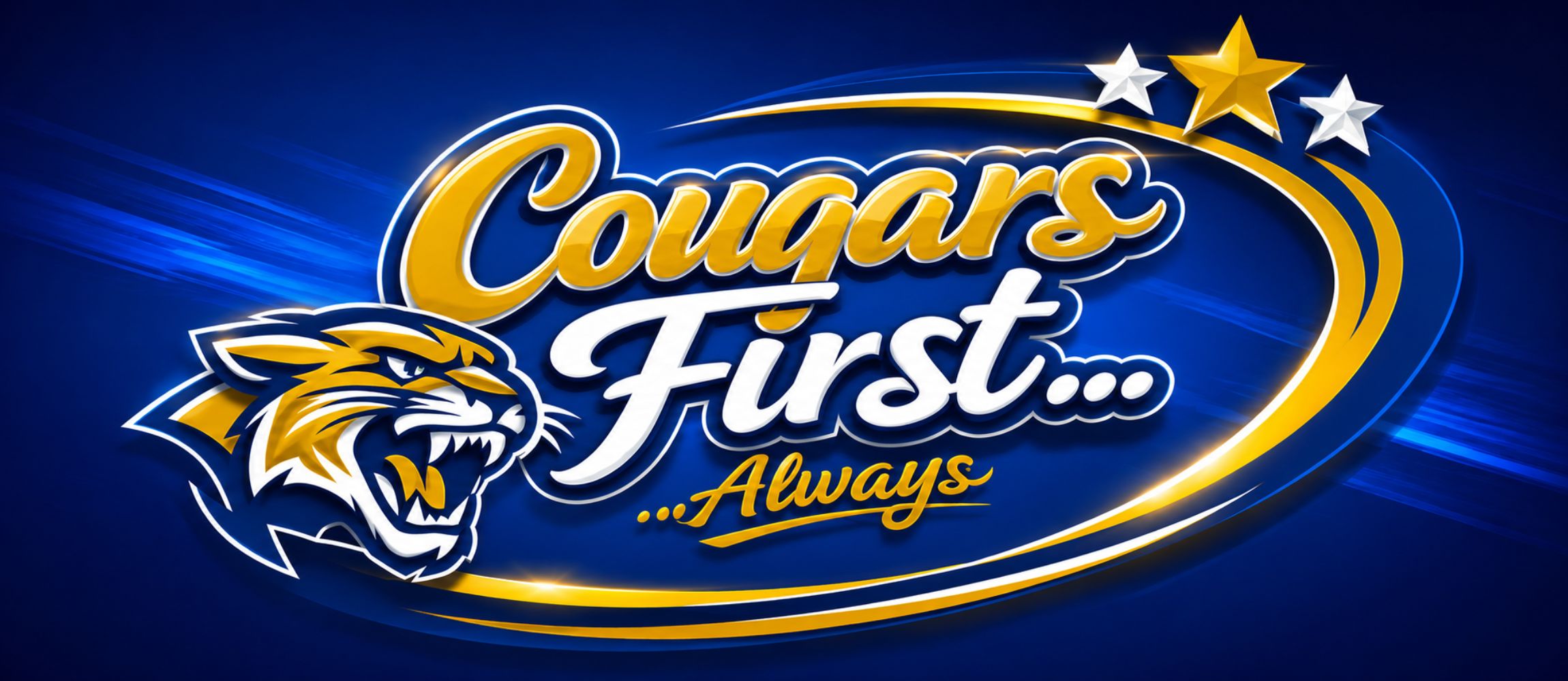 Surry County Public Schools “Cougars First... Always” banner featuring a fierce blue, gold, and white cougar mascot with bold lettering, three stars, and sweeping blue and gold accents on a deep blue background.