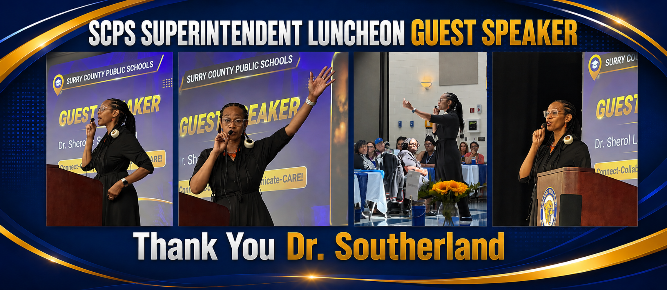 SCPS Superintendent Luncheon Guest Speaker tribute featuring four photos of Dr. Southerland speaking and engaging with attendees. The blue-and-gold design includes the message, “Thank You Dr. Southerland.”