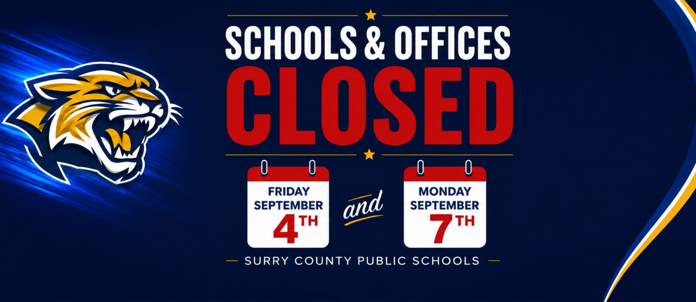 SCPS website banner announcing Surry County Public Schools and offices will be closed Friday, September 4, and Monday, September 7, featuring the Cougar mascot in blue and gold.