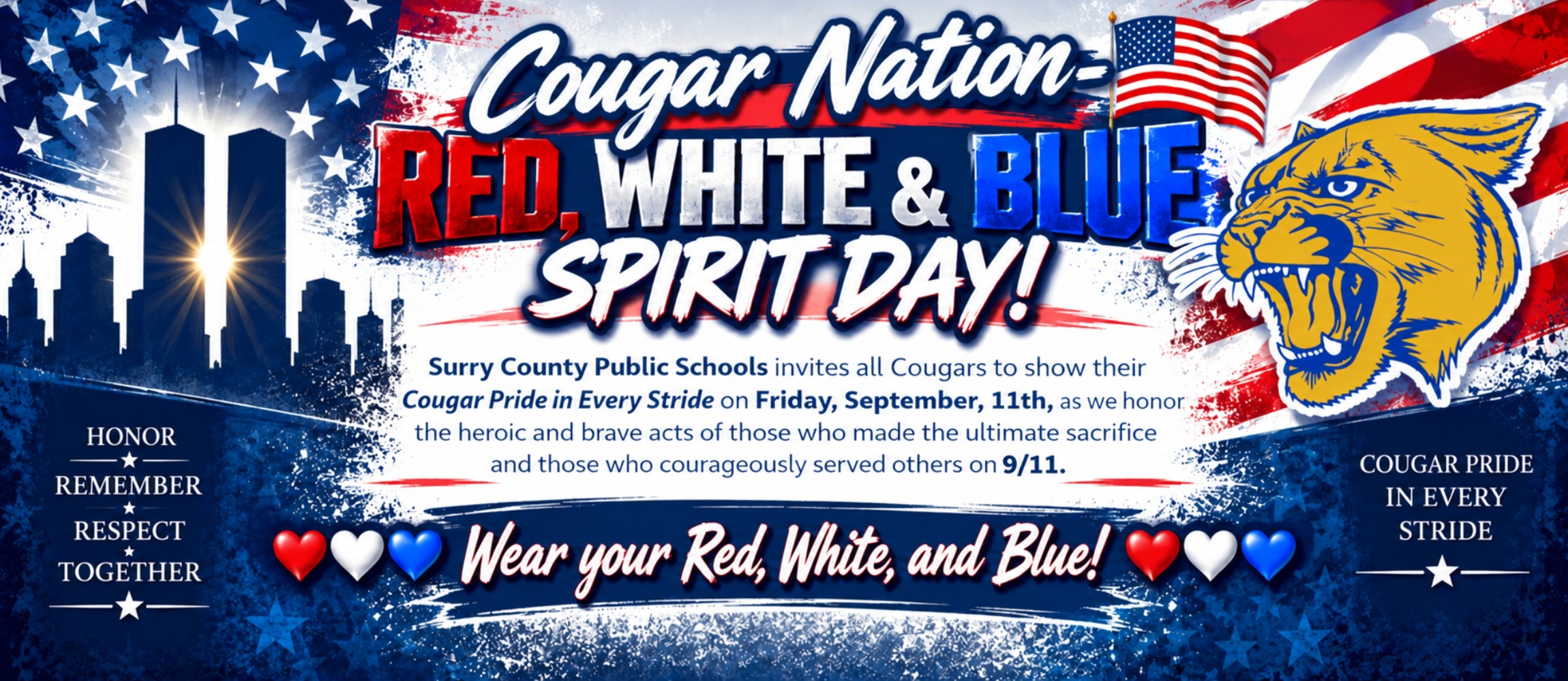 Patriotic Surry County Public Schools banner announcing Cougar Nation Red, White &amp; Blue Spirit Day on Friday, September 11th, honoring the courage, service, and sacrifice of 9/11. The red, white, and blue design features an American flag, a gold-and-blue cougar, a New York City skyline, stars, and the message, “Wear your Red, White, and Blue!”