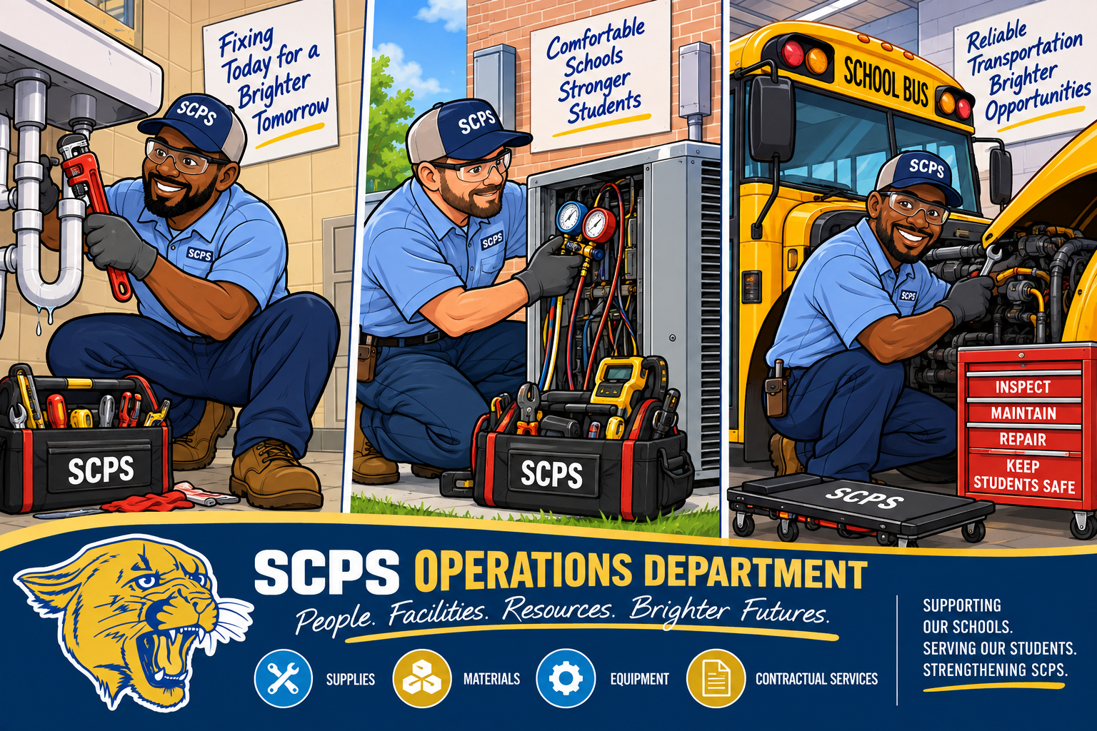 Cartoon SCPS Operations Department graphic featuring three maintenance scenes: an employee repairing plumbing under a sink, an HVAC technician servicing an outdoor unit, and an employee repairing a school bus. Two of the three employees are African American. The SCPS cougar logo appears at the bottom with the words “SCPS Operations Department” and icons representing supplies, materials, equipment, and contractual services.