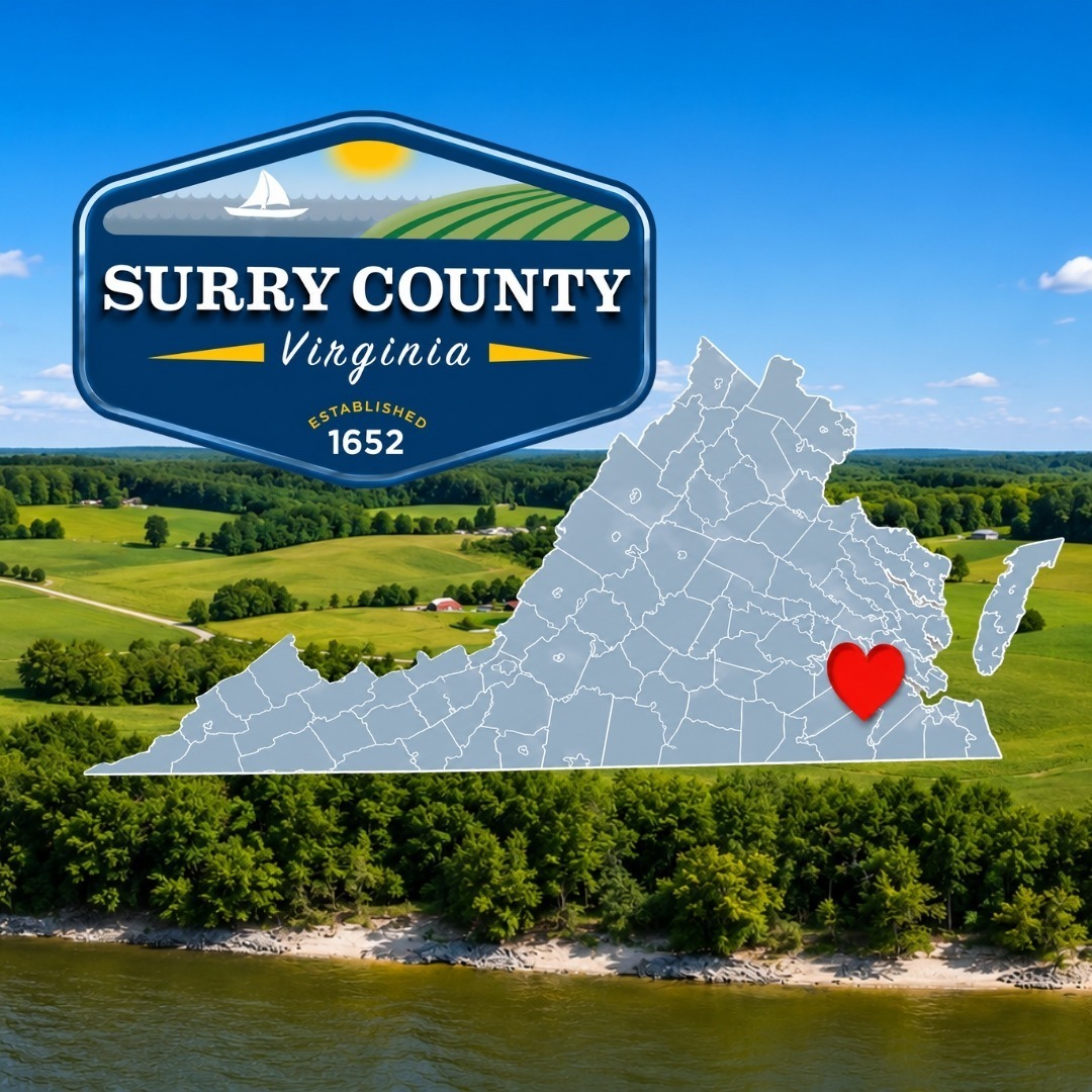 Aerial view of Surry County, Virginia, with the county logo and a Virginia map highlighting Surry County with a red heart.