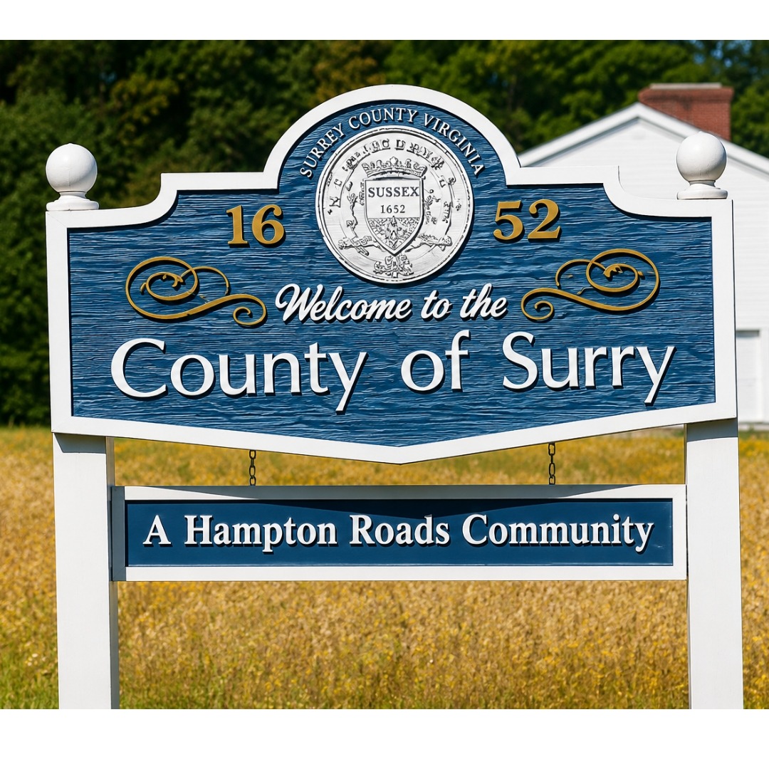 Welcome sign for Surry County, Virginia, established in 1652, identifying it as a Hampton Roads community.