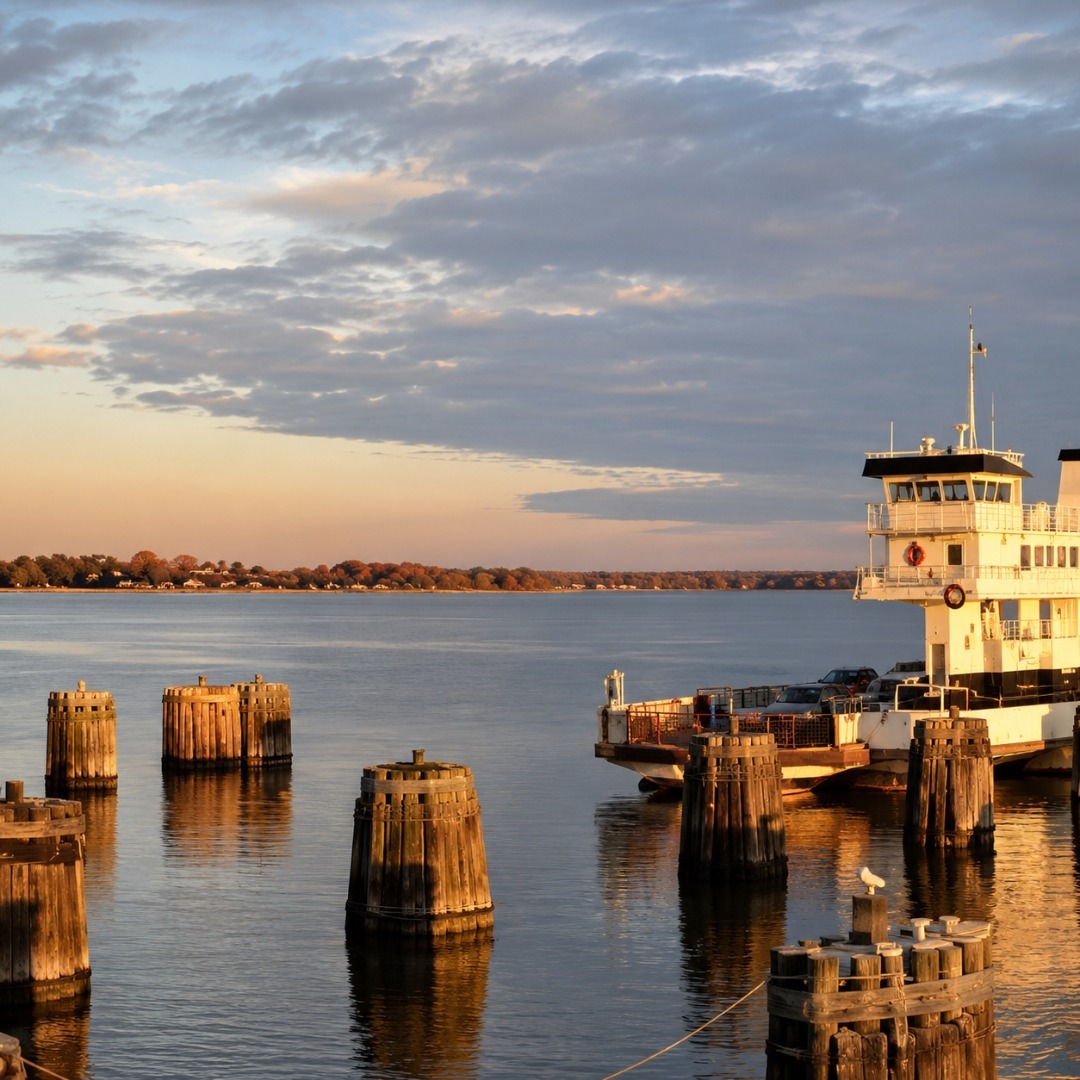Ferry docked on a calm river at sunset, surrounded by wooden pilings with a tree-lined shoreline in the distance.