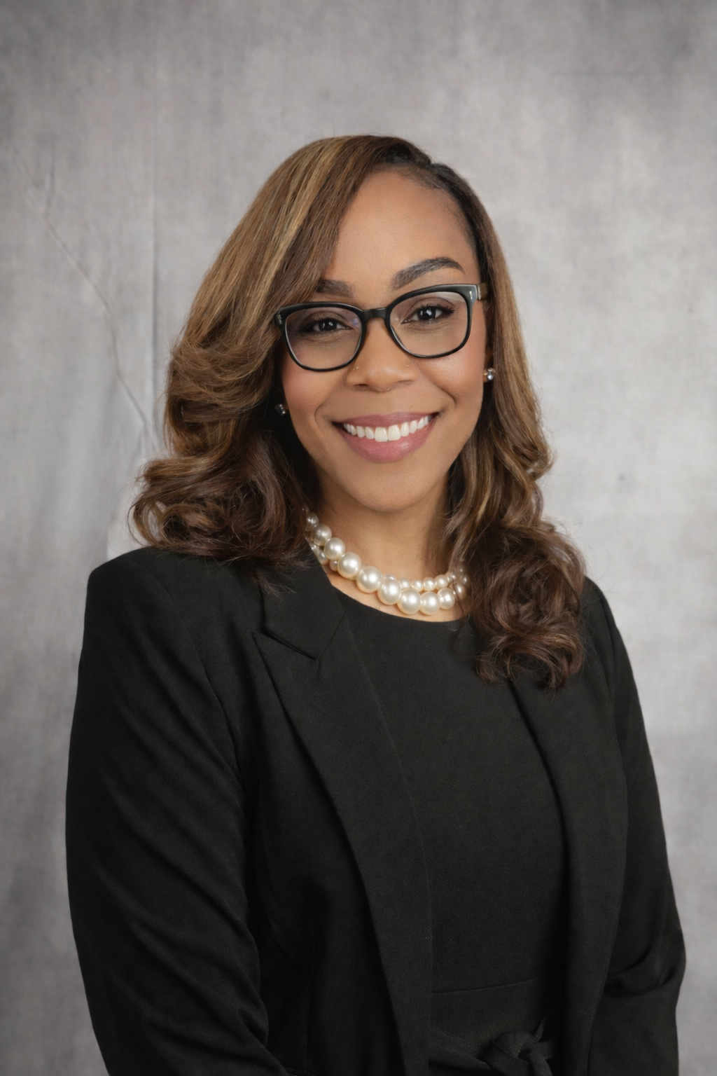 Jowanda Hill: Professional portrait of a smiling woman wearing black glasses, a black blazer, and a pearl necklace.
