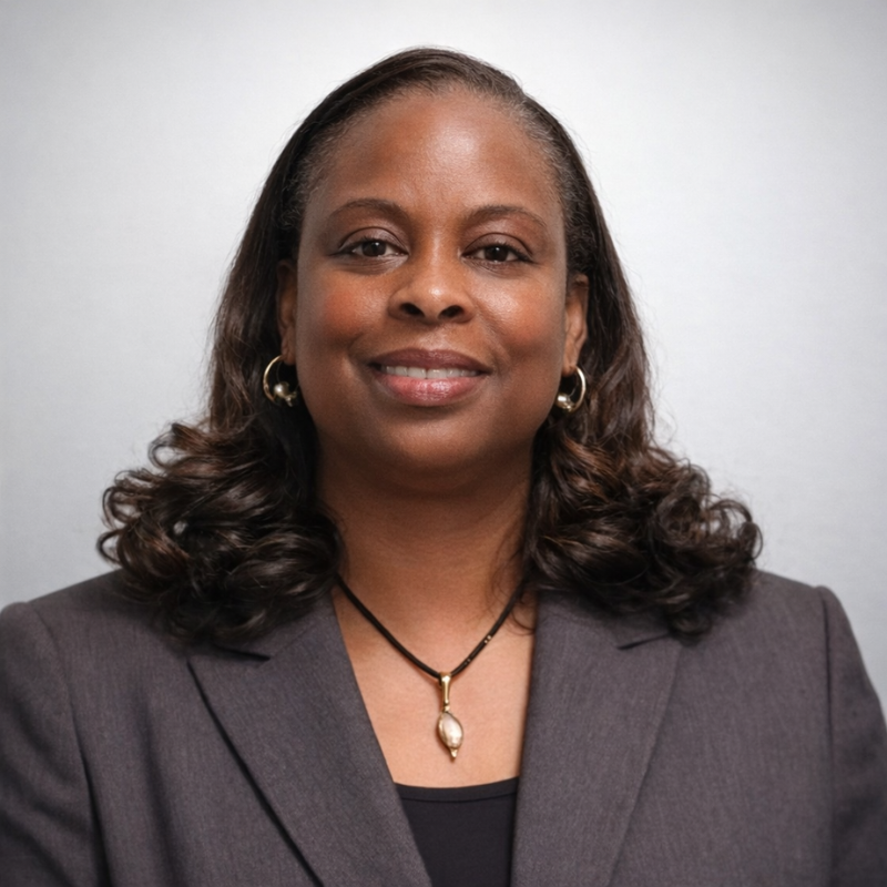 Professional portrait of a smiling woman with curled dark hair, wearing a charcoal blazer, gold hoop earrings, and a pendant necklace.