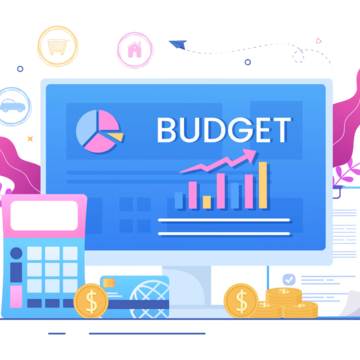 Illustration of a computer displaying a budget dashboard with charts, surrounded by a calculator, financial documents, coins, and money icons.
