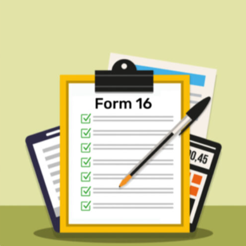 Illustration of a checklist labeled “Form 16” on a clipboard with a pen, calculator, and documents in the background.