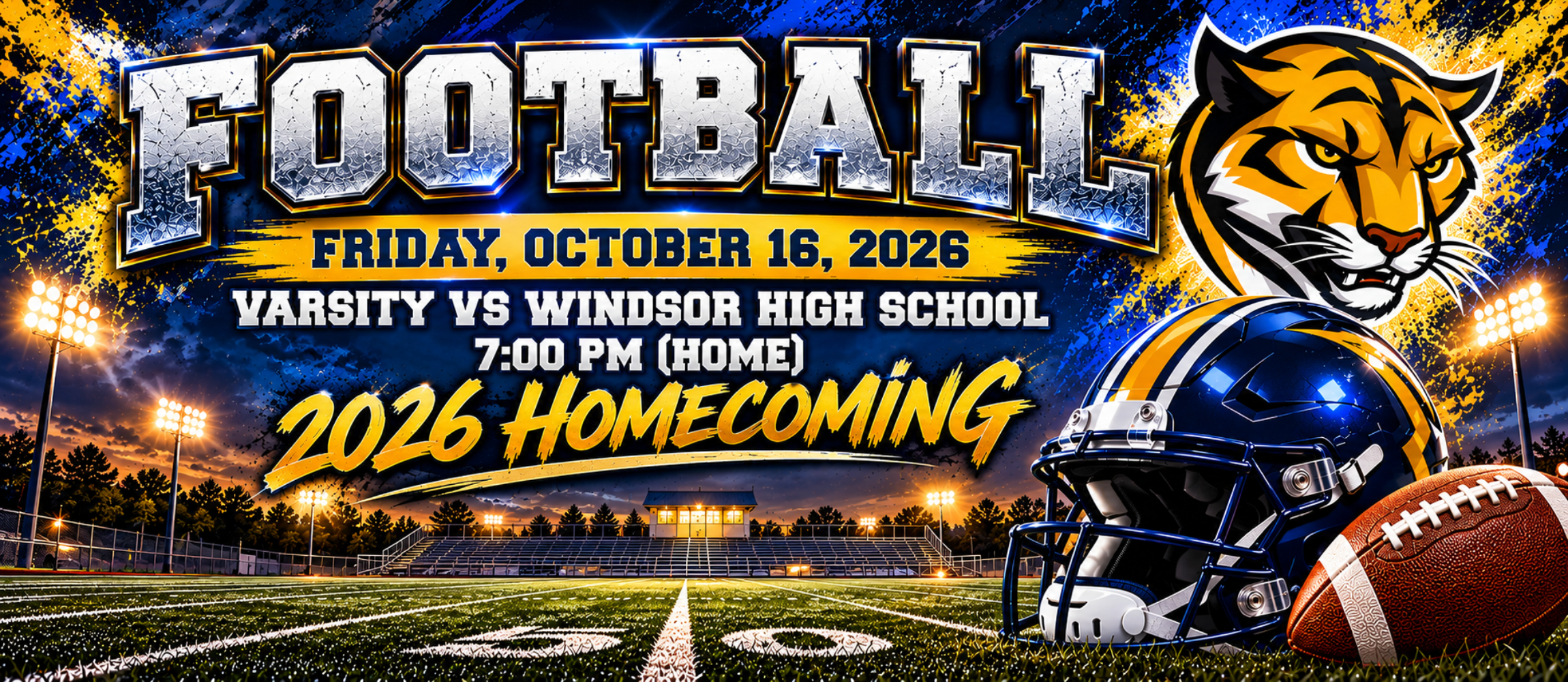 A football event on October 16, 2026. A helmet and football rest on a field with stadium lights.