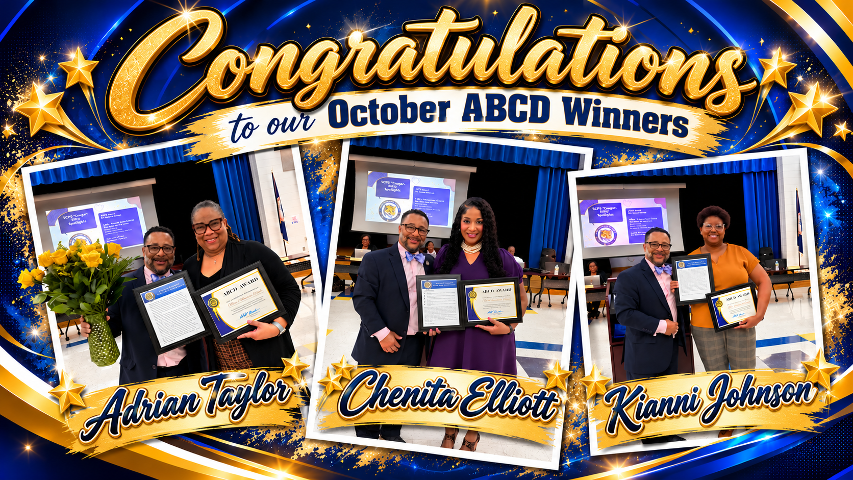 An announcement with three photos of people holding certificates. Names are listed below each photo.