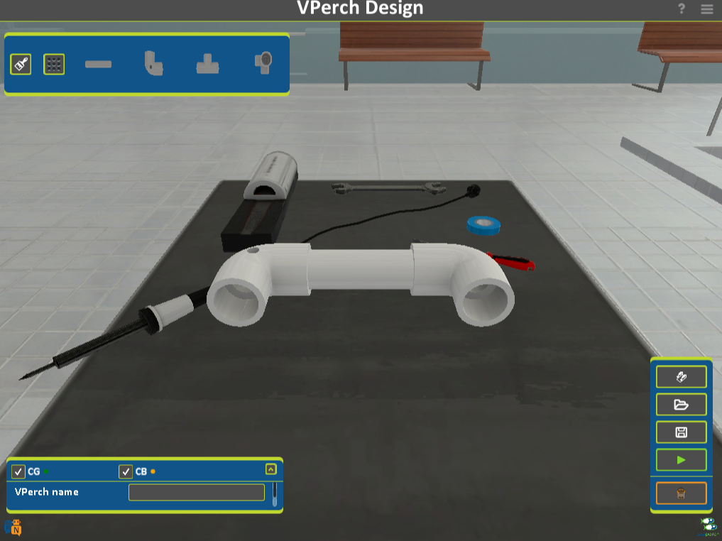 A 3D design interface displaying a white pipe structure with various tools and components on a table, set in a modern workspace environment.