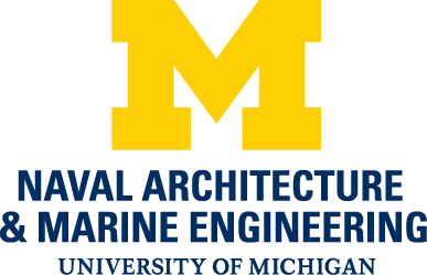 Logo of the University of Michigan's Department of Naval Architecture and Marine Engineering, featuring a large yellow 'M' above the text.