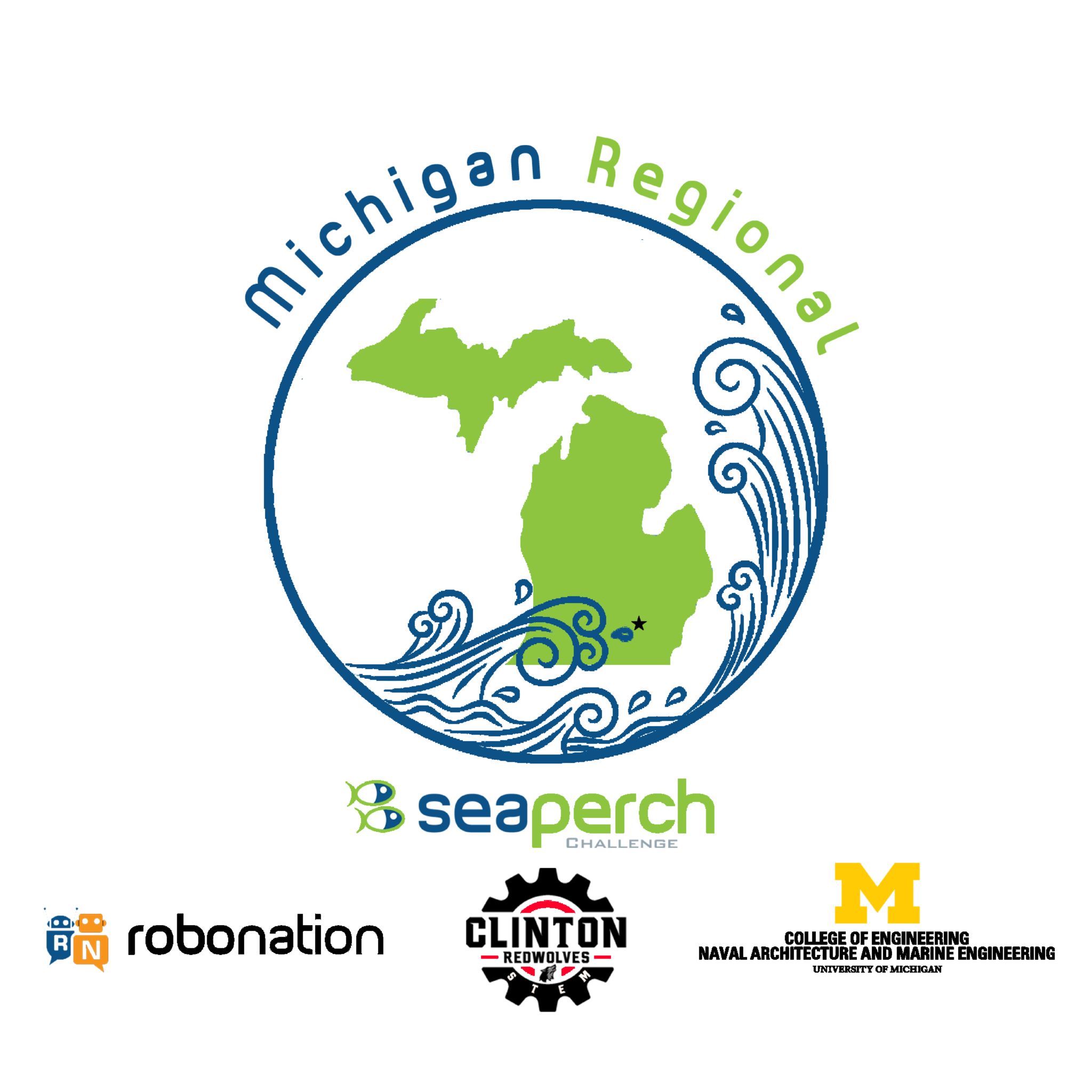 A logo for the Michigan Regional SeaPerch competition featuring a stylized map of Michigan surrounded by waves, with the text 'Michigan Regional' and 'SeaPerch' above and below the map, respectively, along with logos from Robonation, Clinton, and the University of Michigan.