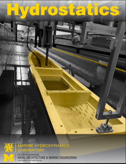 A yellow model boat is positioned in a laboratory setting, surrounded by equipment for hydrostatic testing, with the word 'Hydrostatics' prominently displayed at the top.