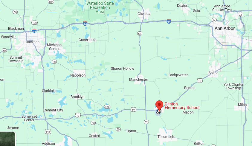 A map showing the location of Clinton Elementary School in Michigan, marked with a red pin, surrounded by various roads and nearby towns.